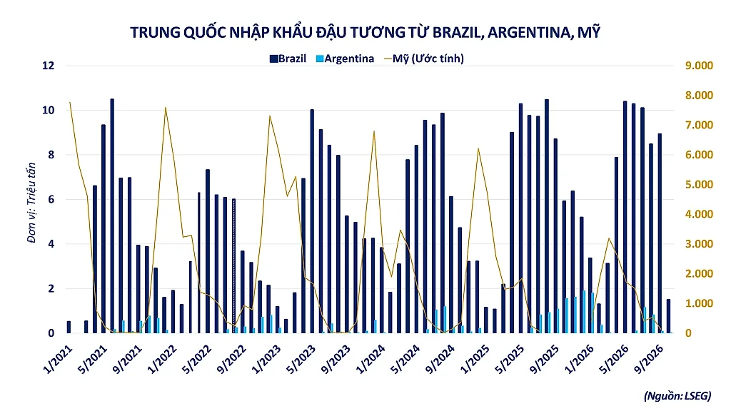 Trung Quốc nhập khẩu đậu tương từ Argentina, Brazil, Mỹ